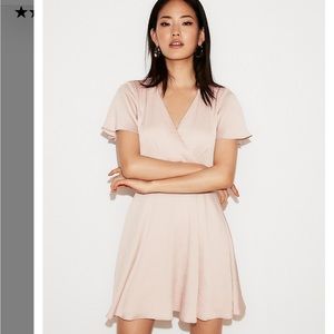 Express Satin Surplice Flutter Sleeve Fit And Flare Dress